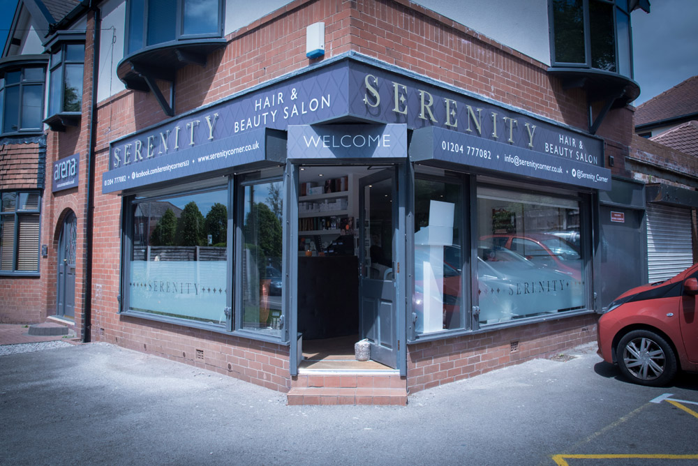 Serenity Hair & Beauty shopfront on the corner of Chorley New Road, Horwich